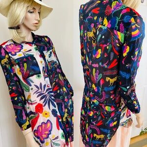 CeliaB Colorful Abstract Jungle Print Silk Blend Button Front Shirt Top XS